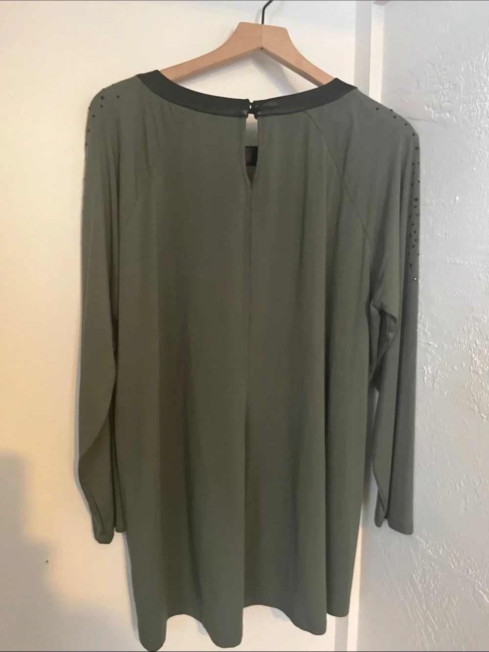 Belle Susan Gravel Olive Green Embellished Cut Out Faux Leather Trim Tunic Top